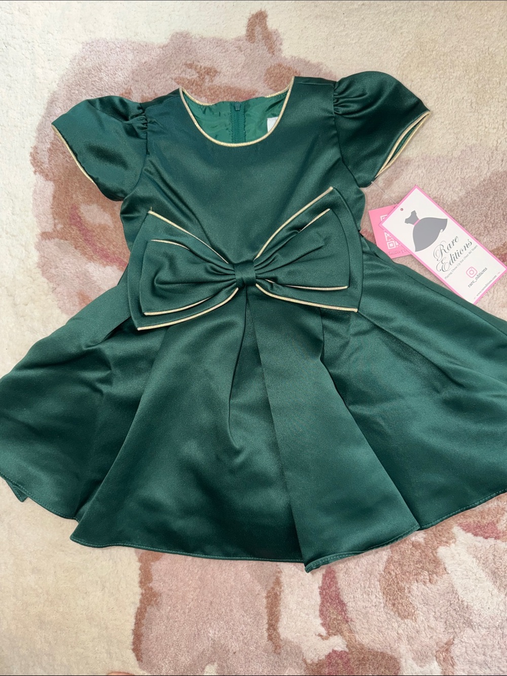 NEW Rare Editions Dark Green Satin Bow Party Dress with Gold Trim